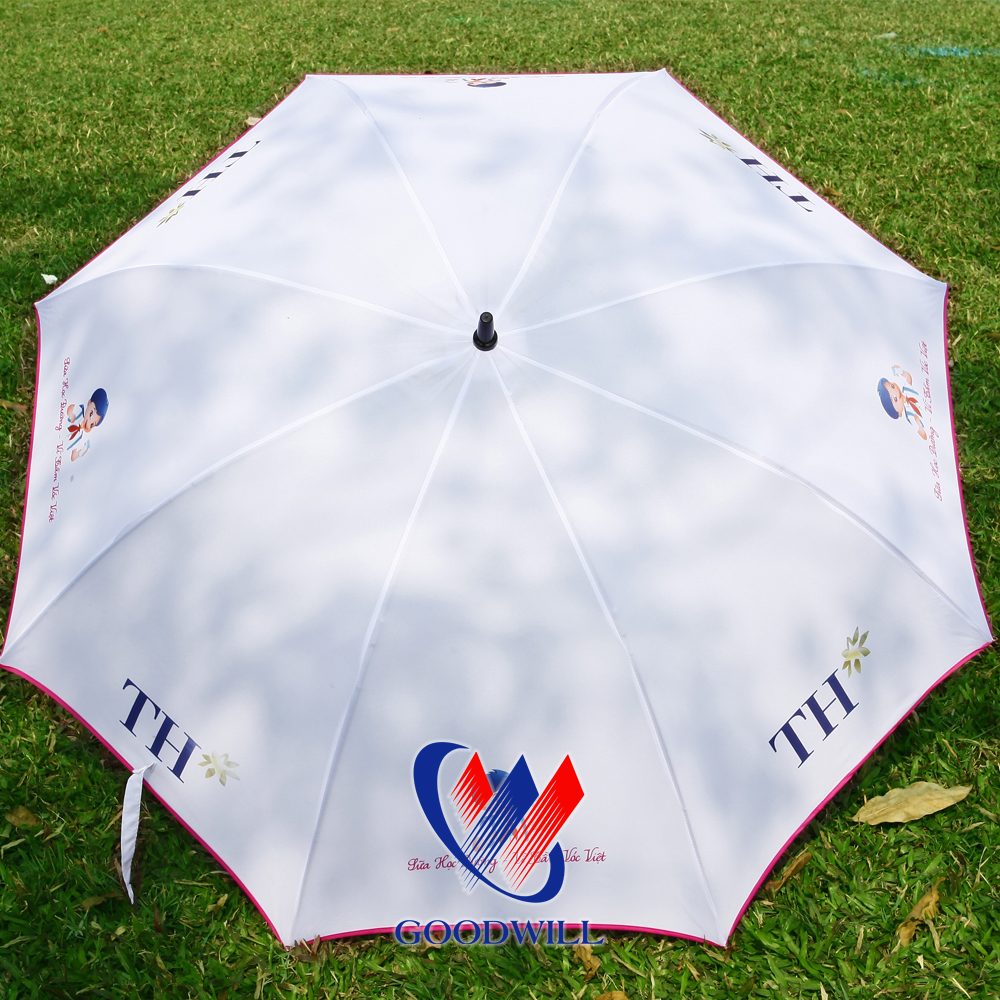 Ô Dù Thẳng Quảng Cáo Trắng Viền Hồng In Logo TH